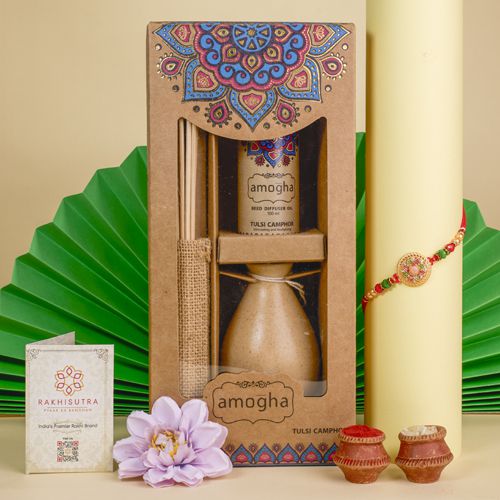 Premium Kundan Rakhi N Reed Diffuser Gift Combo